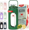 64 oz Glass Water Bottle – Olive Green | Leakproof Borosilicate Glass Jug with Straw, Time Marker & Silicone Sleeve – Hydration for Gym, Sports, Daily Use