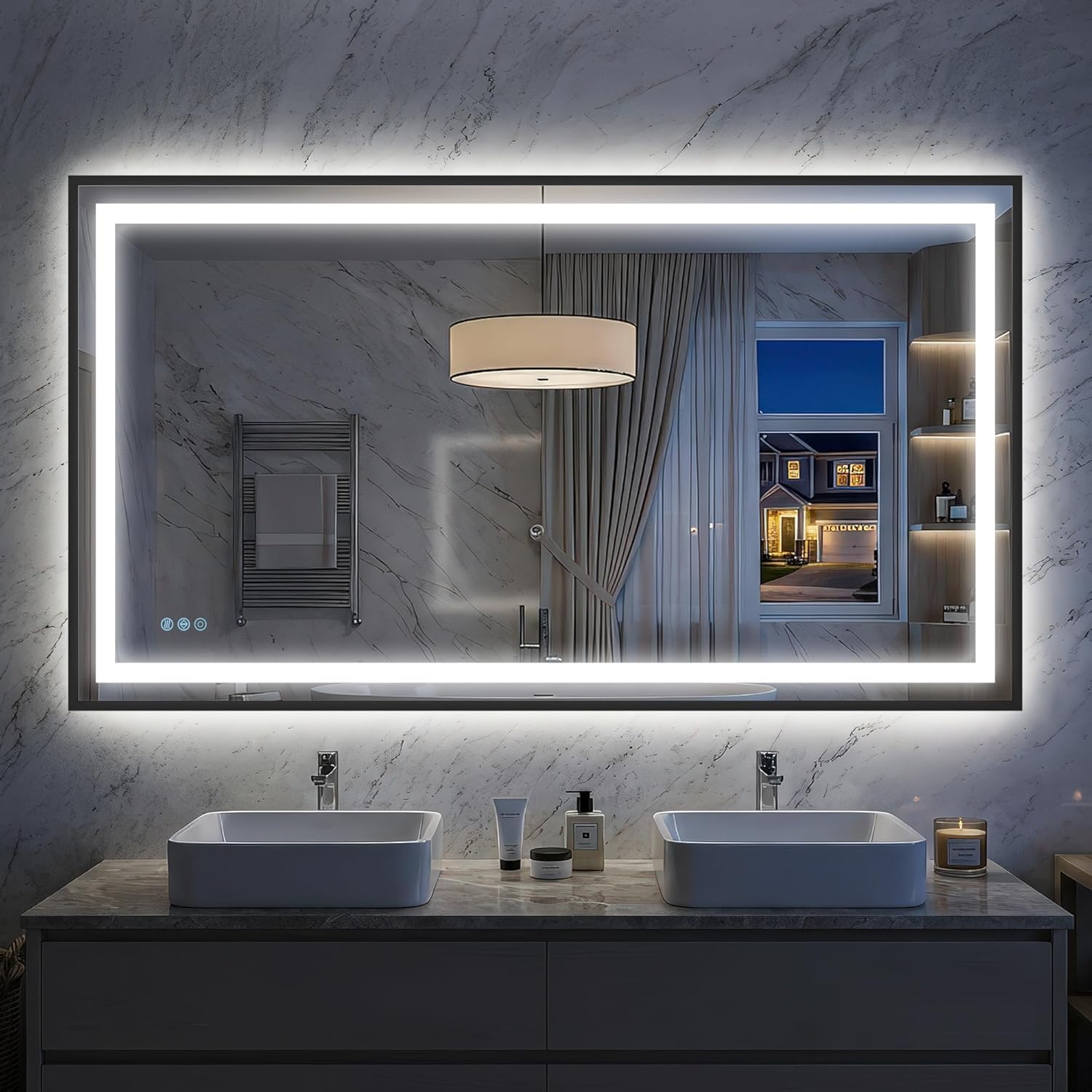 Antok 55X30 LED Bathroom Mirror with Lights, Vanity Mirror for Wall with Black Frame, Touch Control, Anti-Fog, Dimmable Lights, Shatter-Proof, Memory Function, Wall-Mounted Vanity Mirrors