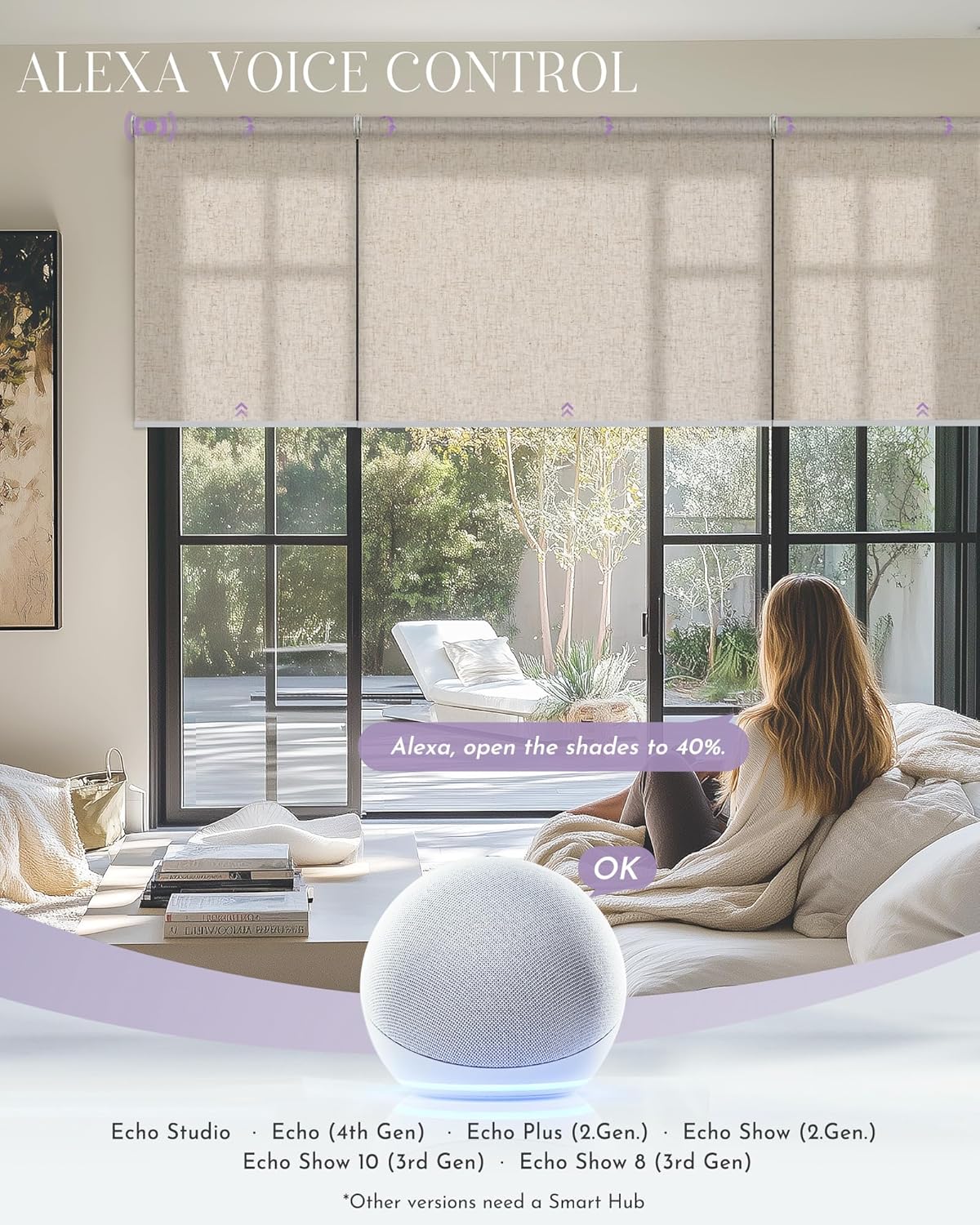 Graywind Smart Coupled Roller Shades Compatible with Alexa Google Custom Size Extra Large Motorized Blinds for Windows(Linen Beige)