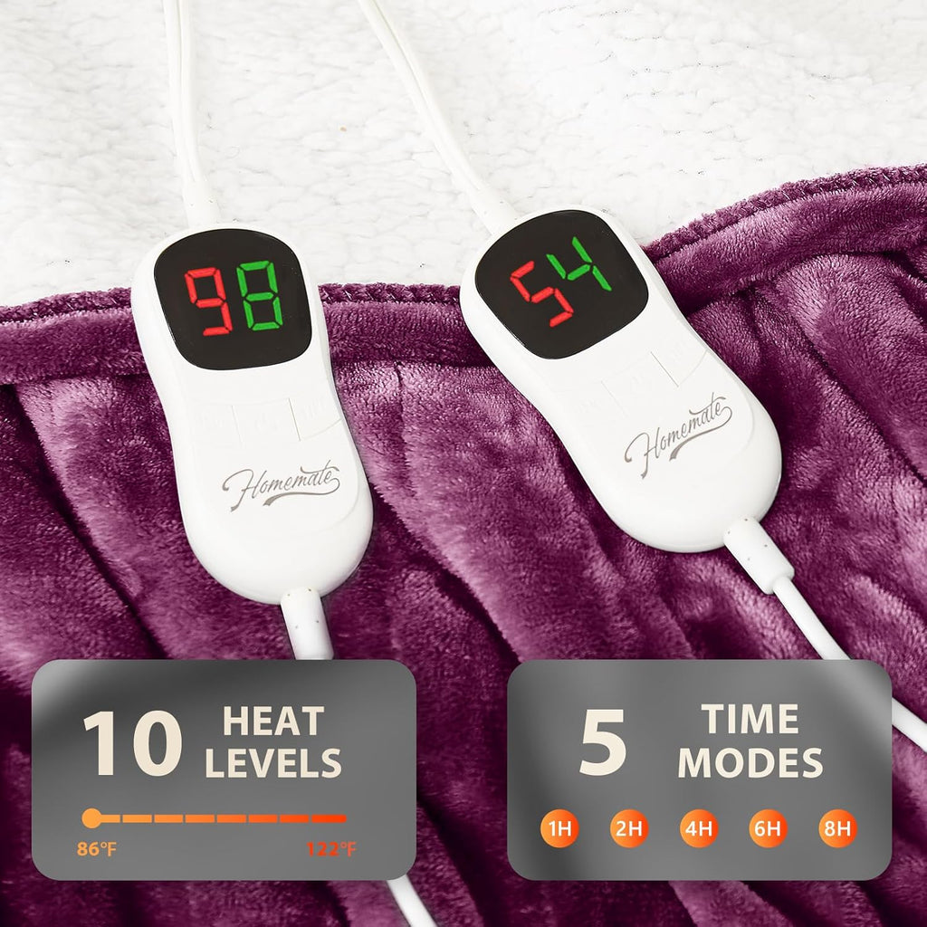 Homemate Electric Heated Blanket Queen - 84"x90" Heating Bed Blankets Throw with 10 Heating Levels 8 Hours Auto Off Fast Heating Over-Heated Protection Ultra Soft Warm Flannel ETL Certified Purple