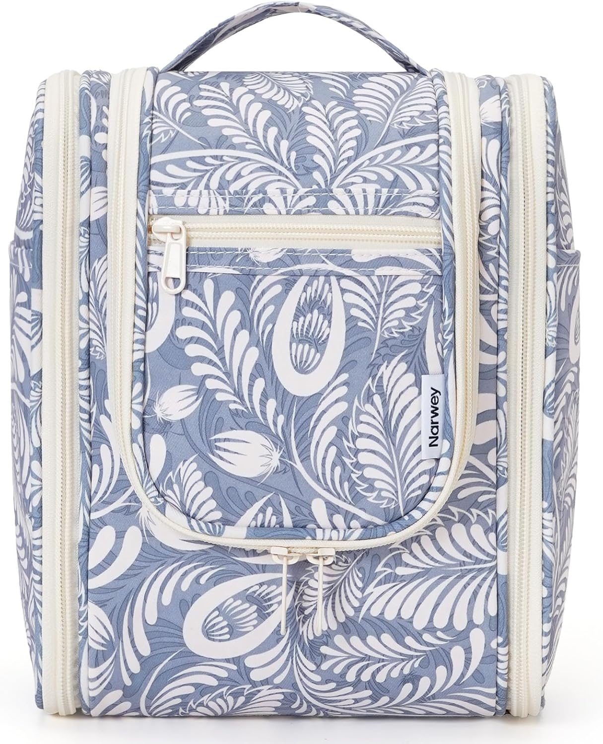 Narwey Small Hanging Toiletry Bag Women Travel Makeup Bag Organizer Toiletries Bag for Travel Size Essentials Accessories Cosmetics (Medium, Blue Leaf)