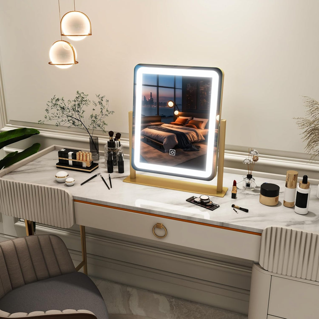 FENNIO Vanity Mirror with Lights - 15"x12.6" LED Lighted Makeup Mirror, Large Makeup Mirror with Lights, Touch Screen with 3-Color Lighting, Dimmable, for Vanity Desk Tabletop, Bedroom Gold