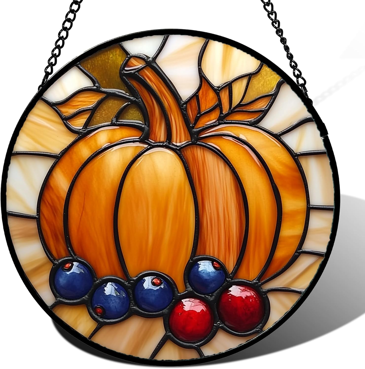 Stained Glass Window Hanging Fall Pumpkin Berries Large 11.8" - Suncatcher Door Garden Kitchen Sunroom Sun Catcher Autumn Home Decor Birthday for Mom Grandma Men Woman