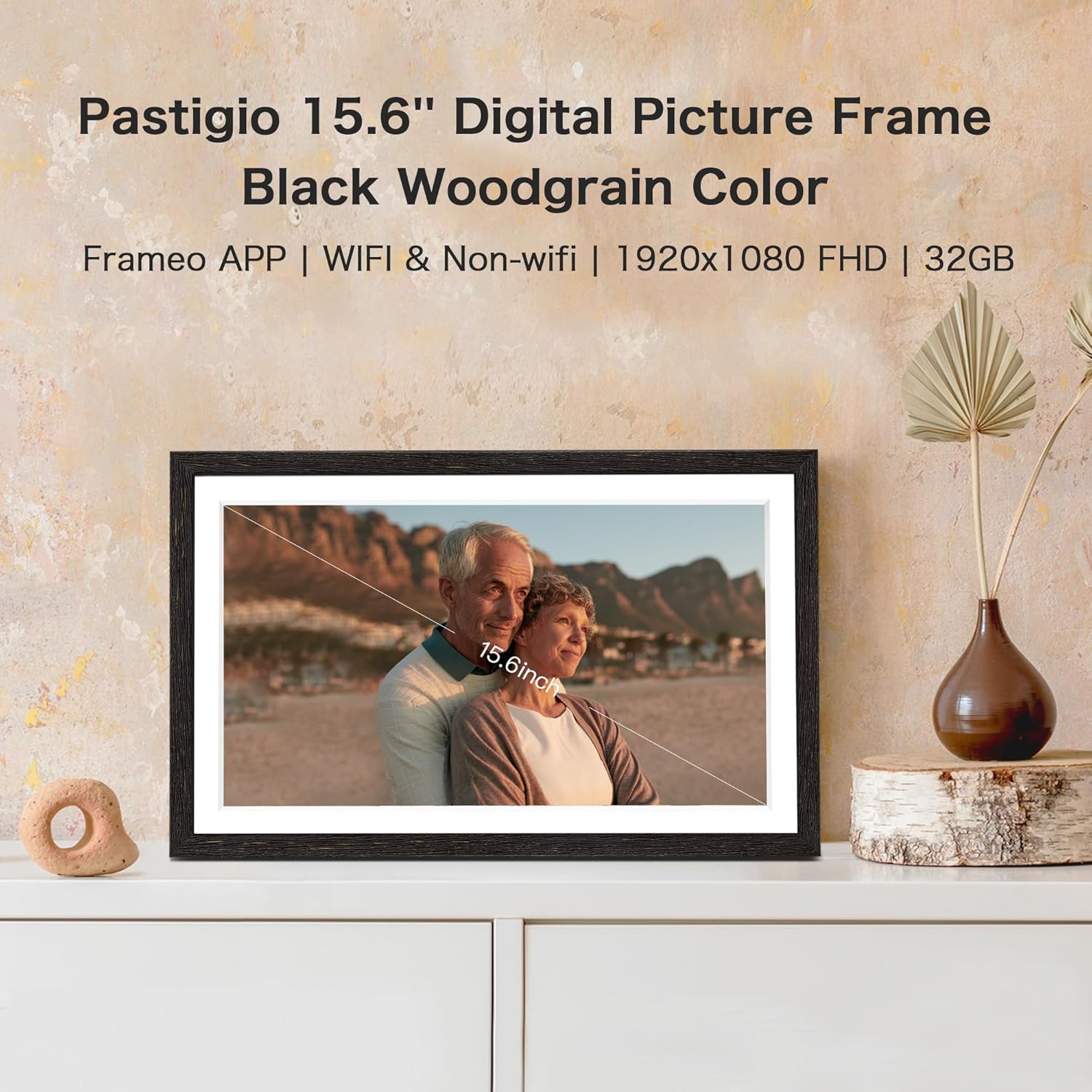 Digital Picture Frame, 15.6 Inch Frameo Digital Frame WiFi, 1920 * 1080 IPS FHD Touchscreen, 32GB, Tabletop&Wall-Mounted, Share Picture Video, Large Electric Photo Frame, Mom Gifts, Black Woodgrain
