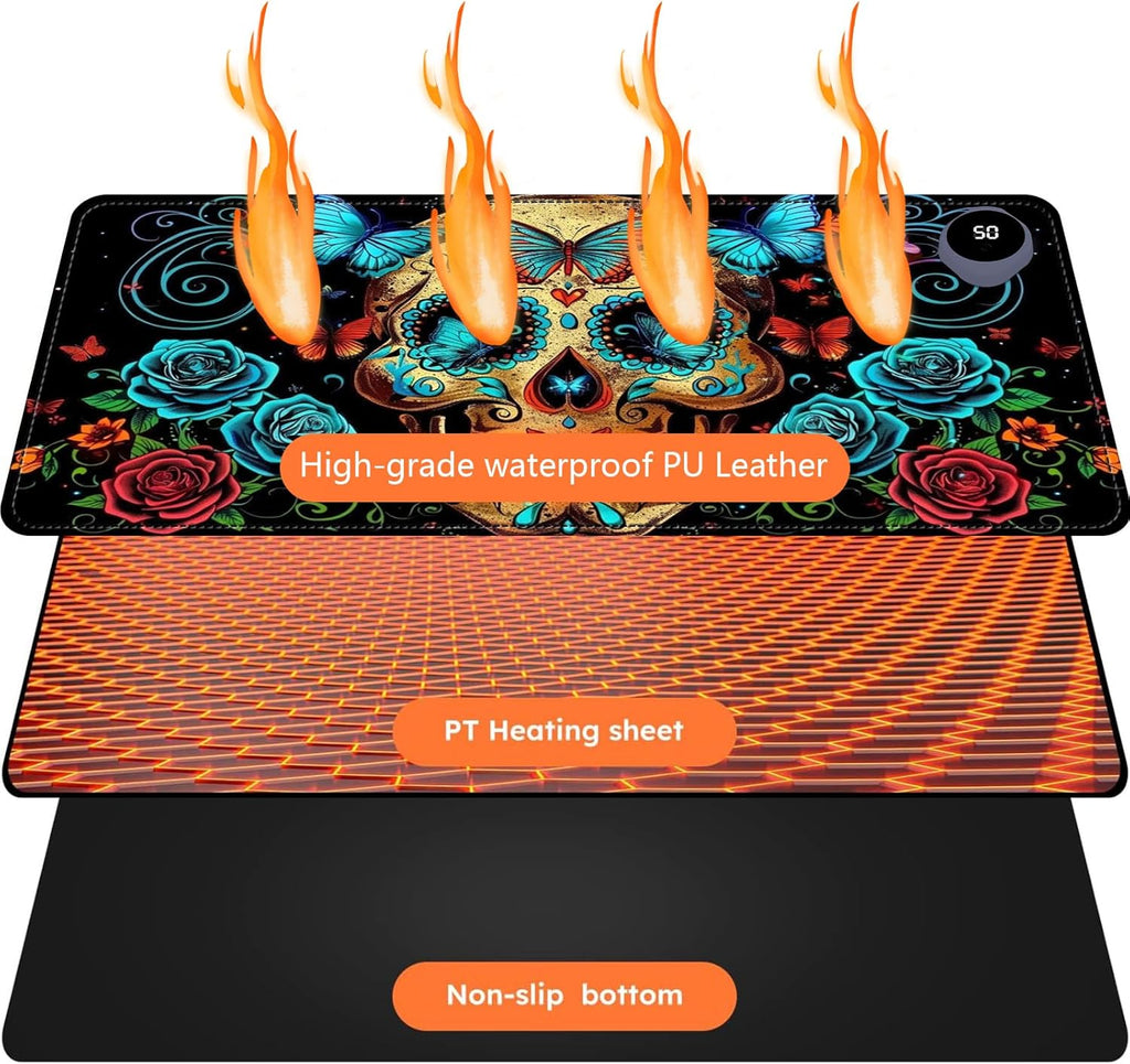 Heated Mouse Pad with 3 Levels Heated & 3 Hours Auto Shut-Off Mouse Pad for Warming Hands in Office Home, 31.5" x 13"Large Safe Desk Mat Hand Warmer，Skull Butterfly Blue Rose
