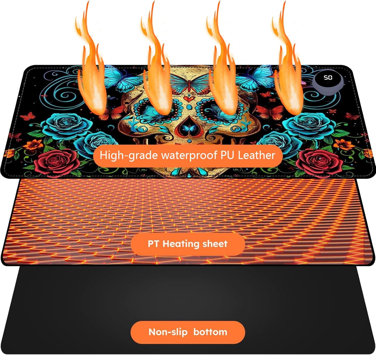 Heated Mouse Pad with 3 Levels Heated & 3 Hours Auto Shut-Off Mouse Pad for Warming Hands in Office Home, 23.6" x 14.2"Large Safe Desk Mat Hand Warmer，Skull Butterfly Blue Rose
