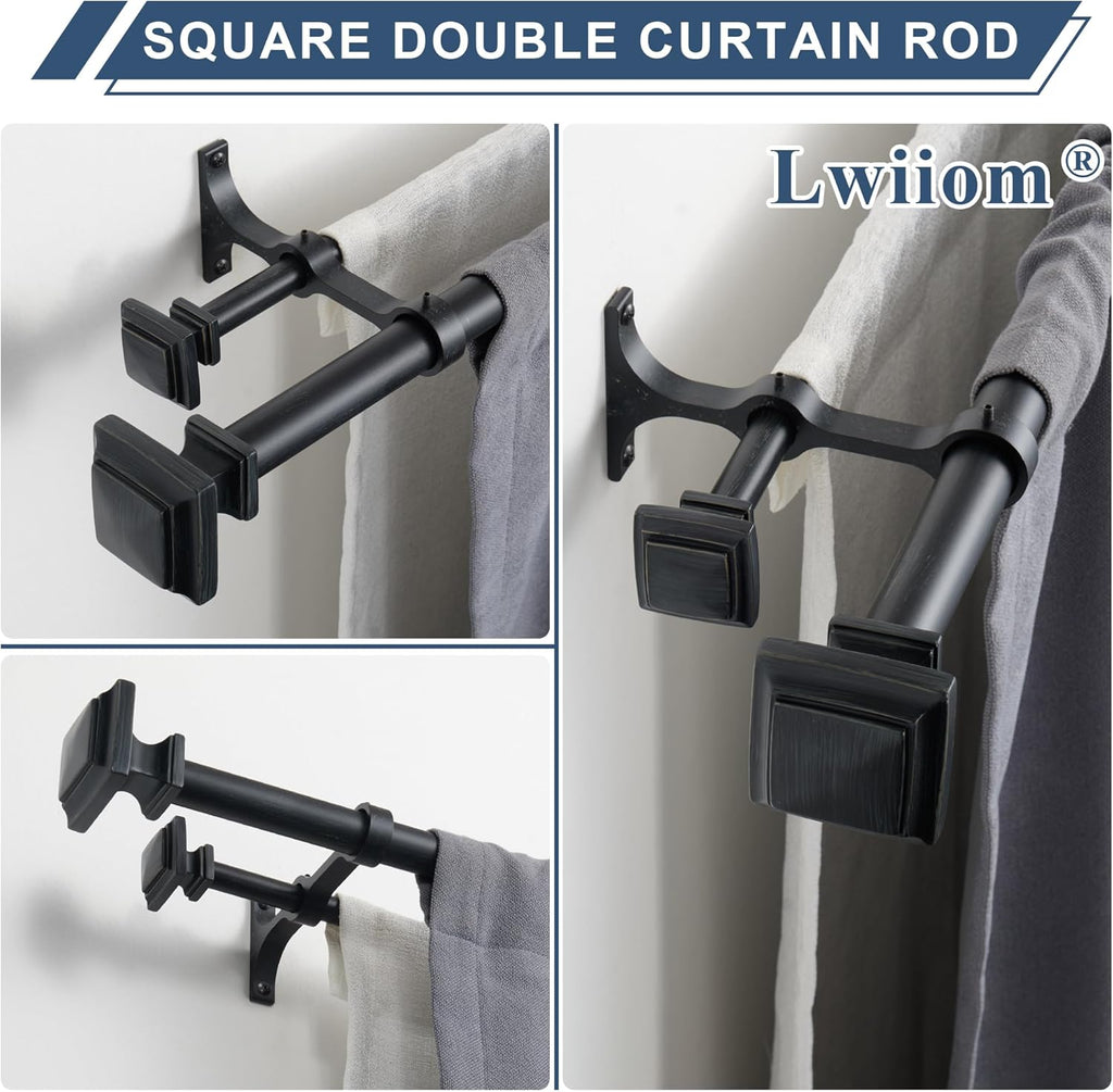 Double Wood Curtain Rods for Windows 72 to 144 Inches,1 Inch Decorative Wooden Curtain Rod with Square Imitation Wood Grain Finials and Double Aluminum Bouquet Bracket, Antique Black