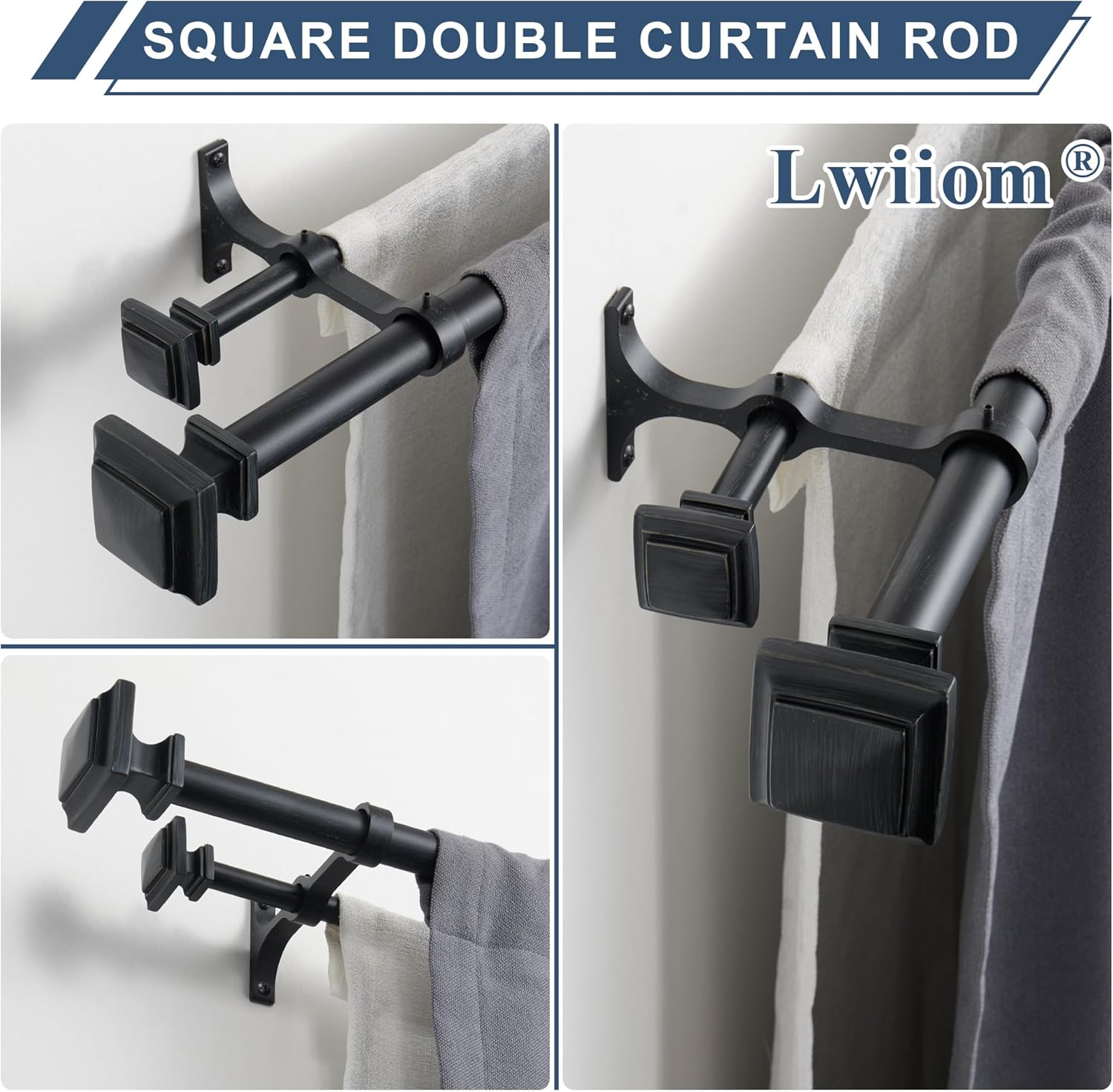 Double Wood Curtain Rods for Windows 72 to 144 Inches,1 Inch Decorative Wooden Curtain Rod with Square Imitation Wood Grain Finials and Double Aluminum Bouquet Bracket, Antique Black