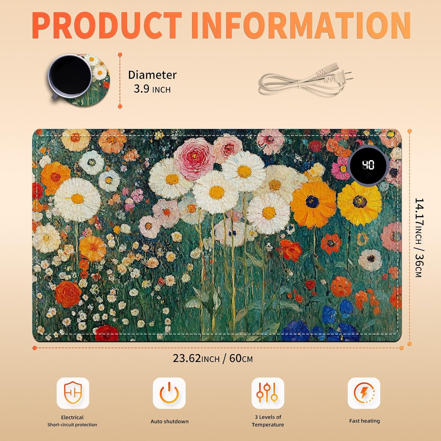 Heated Mouse Pad 23.6 x 14 in 3-Temp Fast Heating Desk Mat with Auto Timer Warmer for Hands Wrist Pain Relief Waterproof Keyboard Mat for Office, Gaming, Home, Floral Garden