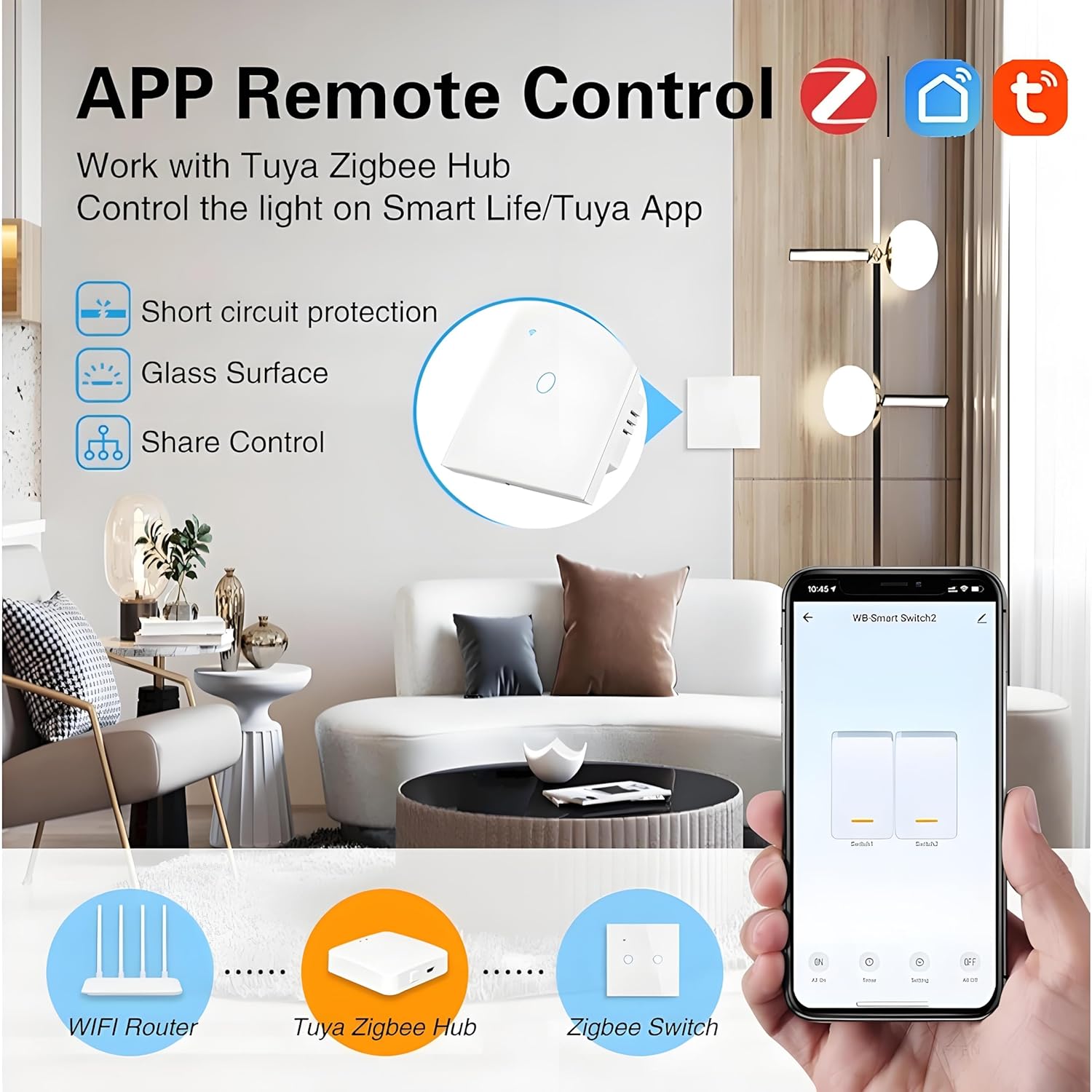 Smart Dimmer Light Switch 10A AC80-260V Wi-Fi Touch Remote Control Glass Panel RF Voice Assistant for TUYA (White)