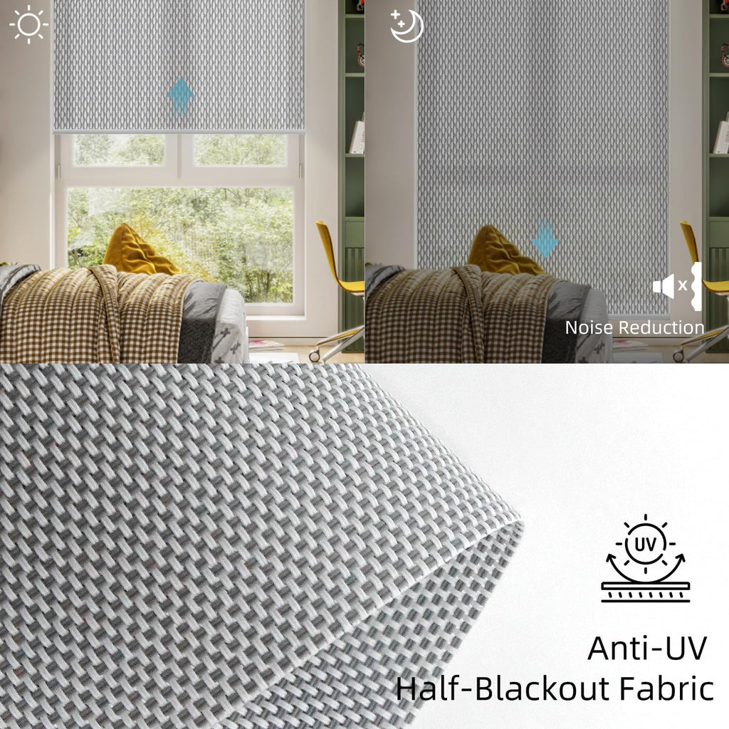 SmartWings Motorized Roller Shades 5% Openness Work with Homekit, Alexa SmartThings Google, Zigbee Motor Smart Blinds for Windows, Cordless Remote Window Shades, Rechargeable, Customized, White Grey