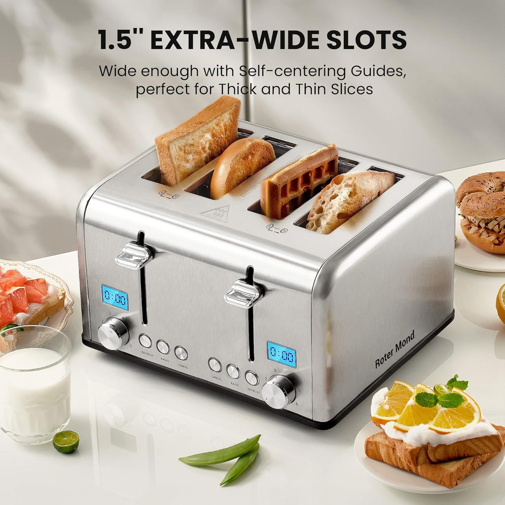 Roter Mond Countdown Stainless Steel 4 Slice Toaster with Bagel, Defrost, Cancel Function, Dual Toaster, Extra Wide Slots, 6 Shade Settings, Removable Crumb Trays, 1650W