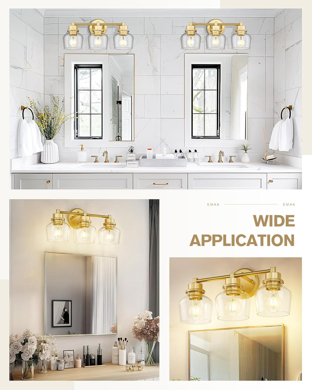 Emak Modern Gold Vanity Lights, Bathroom Lighting Fixtures Over Mirror with Clear Glass Shade, 3-Light Vanity Light for Bathroom, Mirror, Makeup Desk, VL122-GD-CG-3