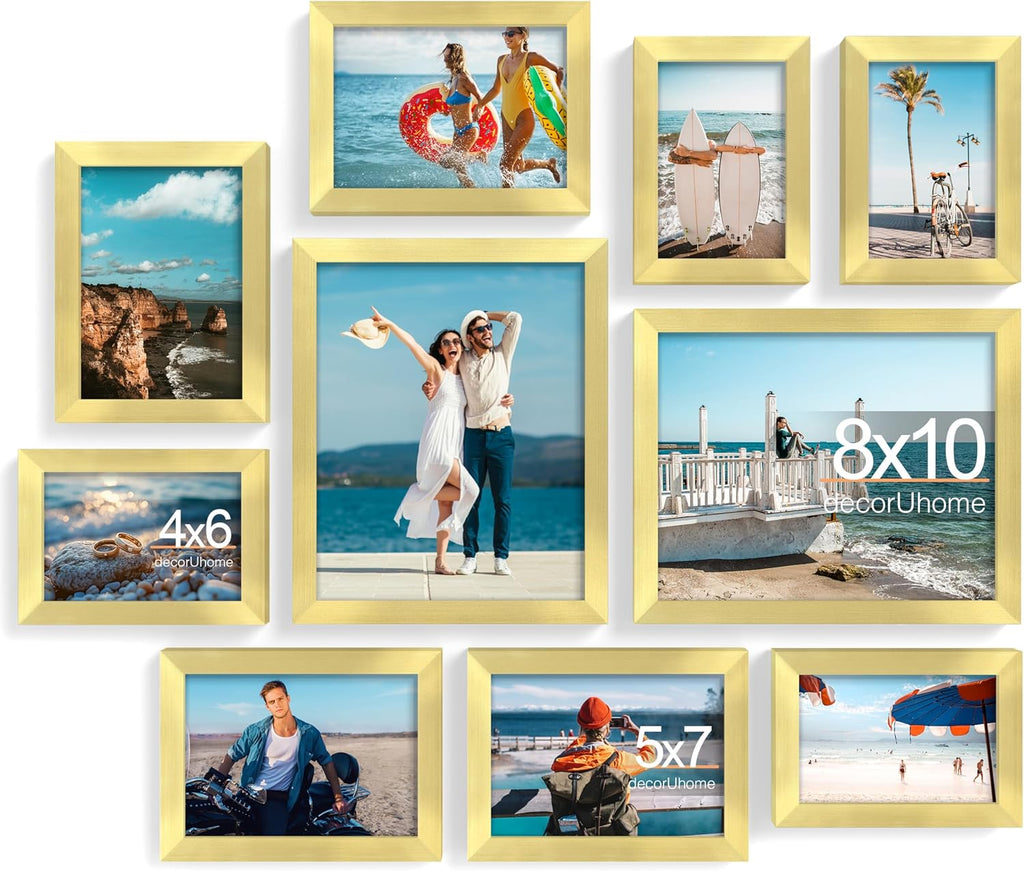 decorUhome Picture Frames Collage Wall Decor for Photo Gallery Display, Assorted Picture Frames set of 10 Including Two 8x10 / Four 5x7 / Four 4x6 for Family Wall Decor, Gold, 10 Pack