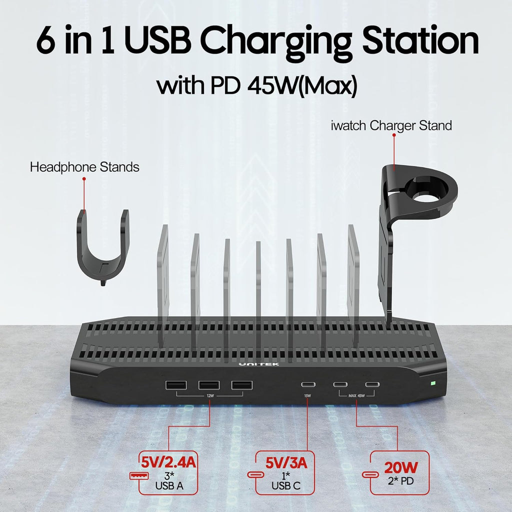 Unitek USB-C Charging Station for Multiple Devices - Multi Type C Charger Dock with 2 X PD 20W & USB-C Port, Device Organizer Fast Charge Docking for iPhone, iPad, Samsung, Tablets and More