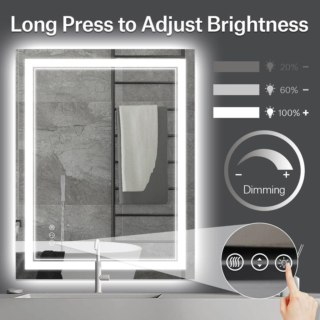 24x36 Inch LED Bathroom Mirror wiht Lights, Backlit and Front Lighted Bathroom Mirror,Anti Fog, Dimmable LED Vanity Mirror
