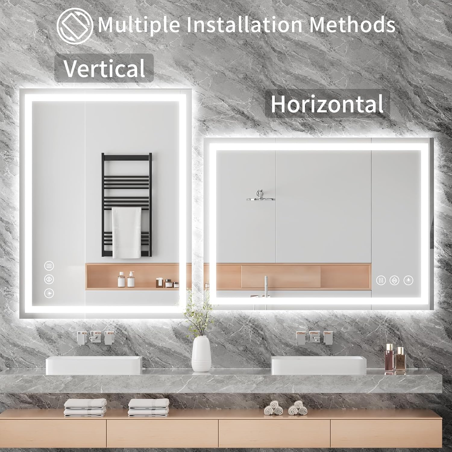 Koonmi 24x36 LED Bathroom Mirror, Backlit + Front Lit, LED Bathroom Mirror with Lights for Wall, 3 Colors, Anti-Fog, Dimmable Brightness, Memory Function, Tempered Glass