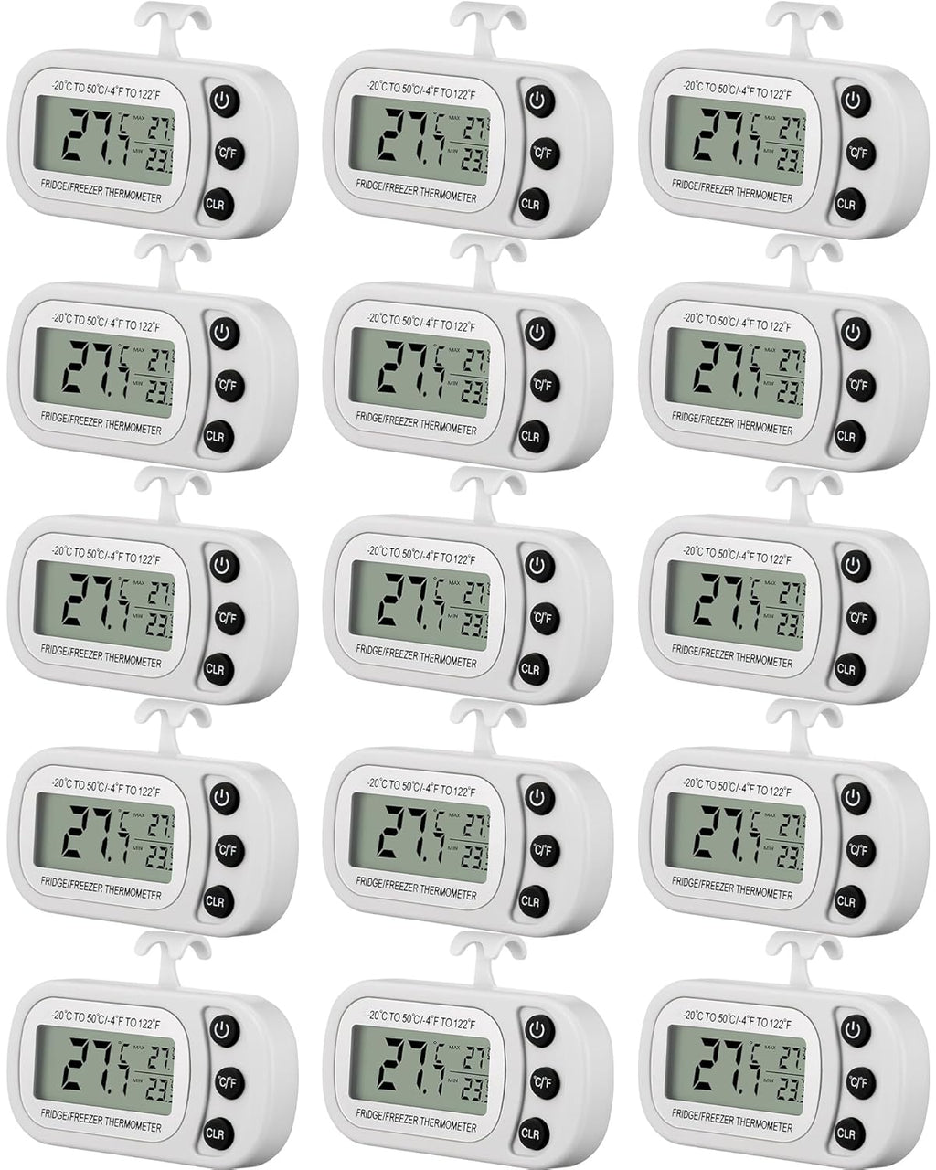 Frienda 16 Pack White Digital Fridge Thermometer Waterproof Refrigerator and Freezer Room Max/min Record Function LCD Screen Refrigerator Thermometer with Hook and Magnetic Back for Home
