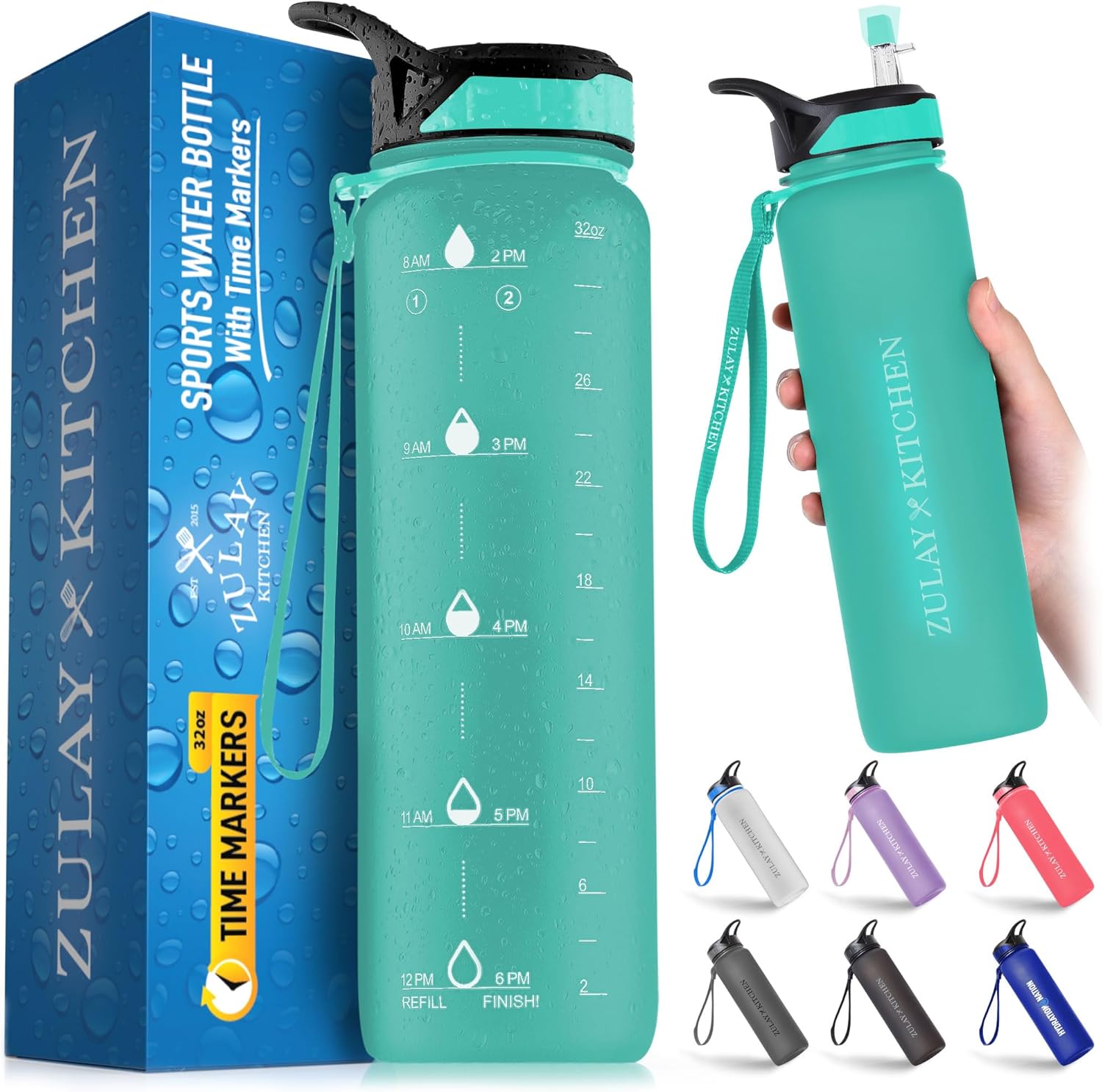 Hydration Nation (32oz Water Bottle With Time Marker - Leak Proof Water Bottles With Times To Drink For Fitness & Sports - 32oz Water Bottle With Straw For Drinking - Water Tracker Bottles (Mint)