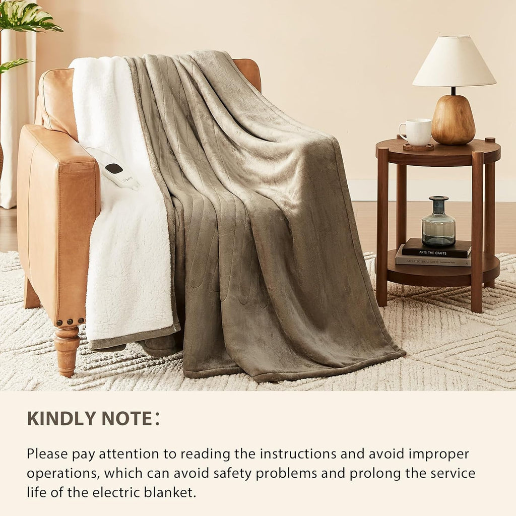 Homemate Electric Heated Blanket King Size - 100"x90" Heating Blanket King Size Dual Control 1/2/4/6/8 Hours Auto-Off 10 Heat Level Over-Heat Protection Flannel Sherpa ETL Certification