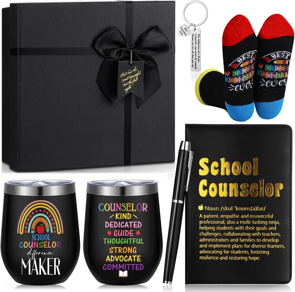 6 Pcs School Counselor Appreciation Gifts for Men Counselor Thank You Gifts 12 oz Stainless Steel Cup Socks Keychain Pen Notebook Box for School Counsellor Guidance Counseling Teacher