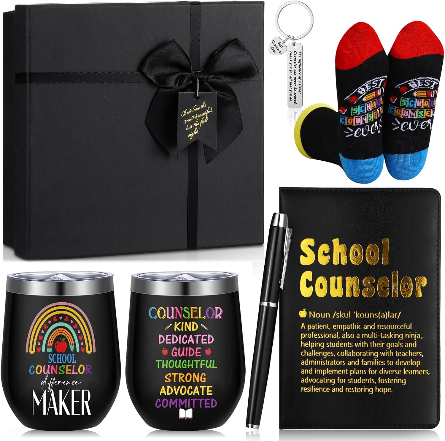 6 Pcs School Counselor Appreciation Gifts for Men Counselor Thank You Gifts 12 oz Stainless Steel Cup Socks Keychain Pen Notebook Box for School Counsellor Guidance Counseling Teacher
