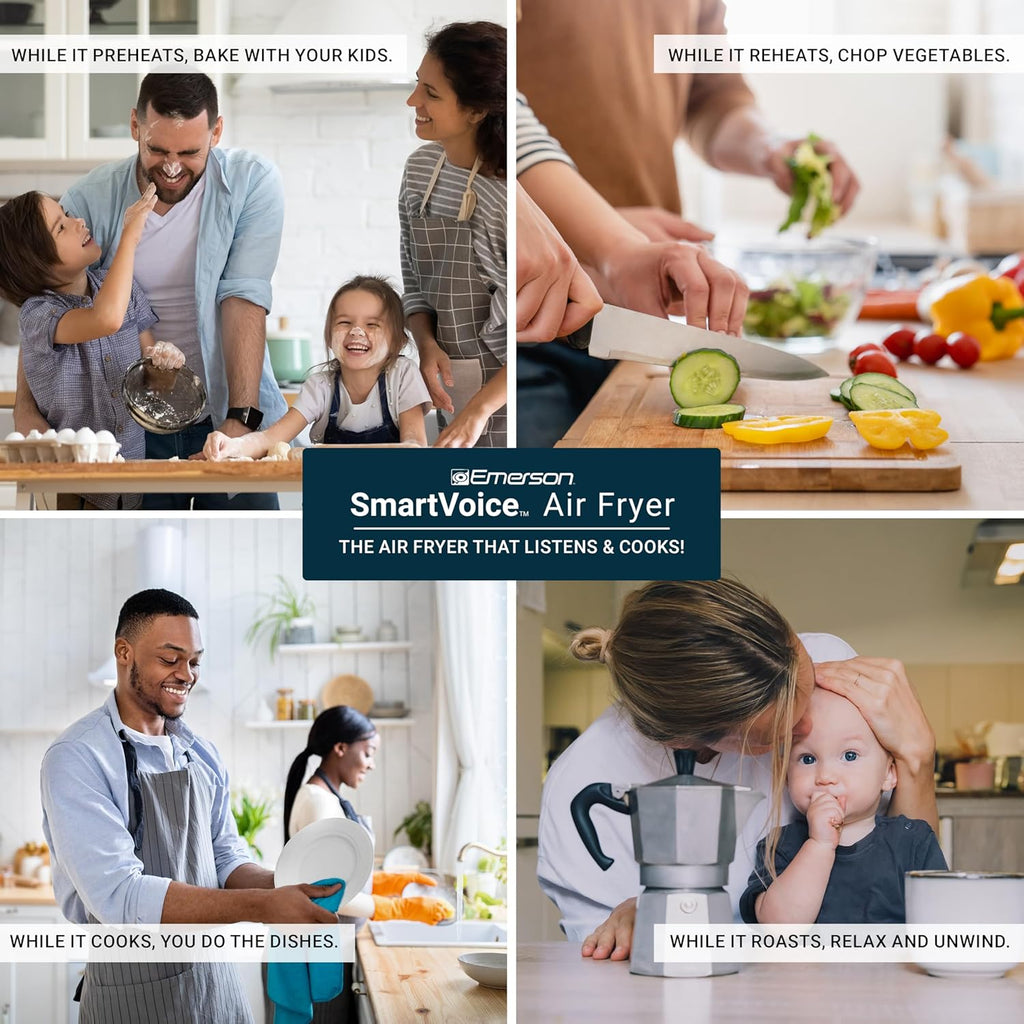 Emerson SmartVoice 5.3QT 6-in-1 Air Fryer, 1000+ Voice Control Commands, 100+ Recognized Food, No APP, No WIFI, No Setup, Nonstick Basket, Air Fry, Bake, Reheat, Dehydrate, 1500W