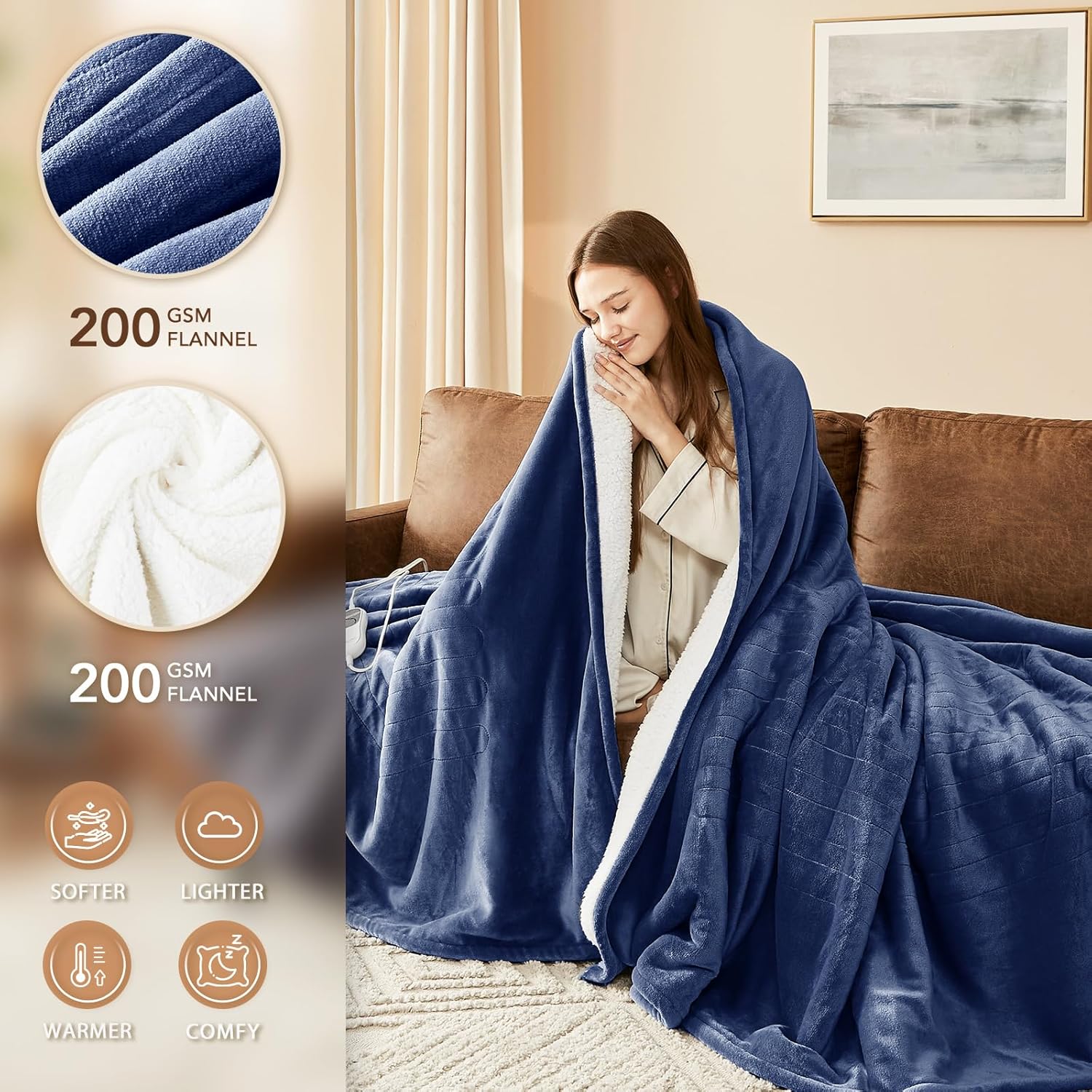 Homemate Electric Heated Blanket Queen - 84"x90" Heating Bed Blankets Throw with 10 Heating Levels 8 Hours Auto Off Fast Heating Over-Heated Protection Ultra Soft Warm Flannel ETL Certified Navy Blue