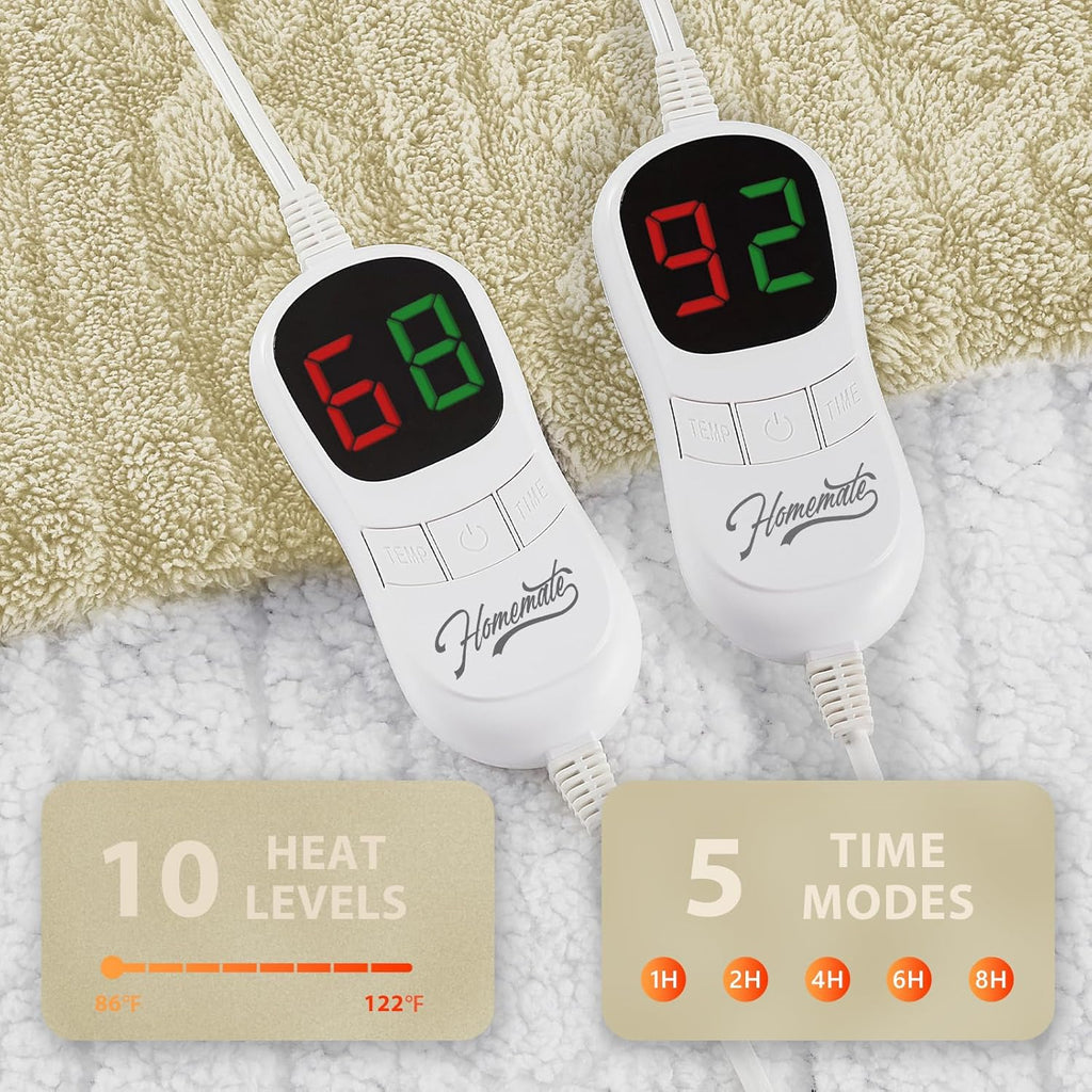 Homemate Electric Heated Blanket King - 100"x90" Heating Bed Blankets Throw with 10 Heating Levels 8 Hours Auto Off Fast Heating Over-Heated Protection Ultra Soft Warm Flannel ETL Certified