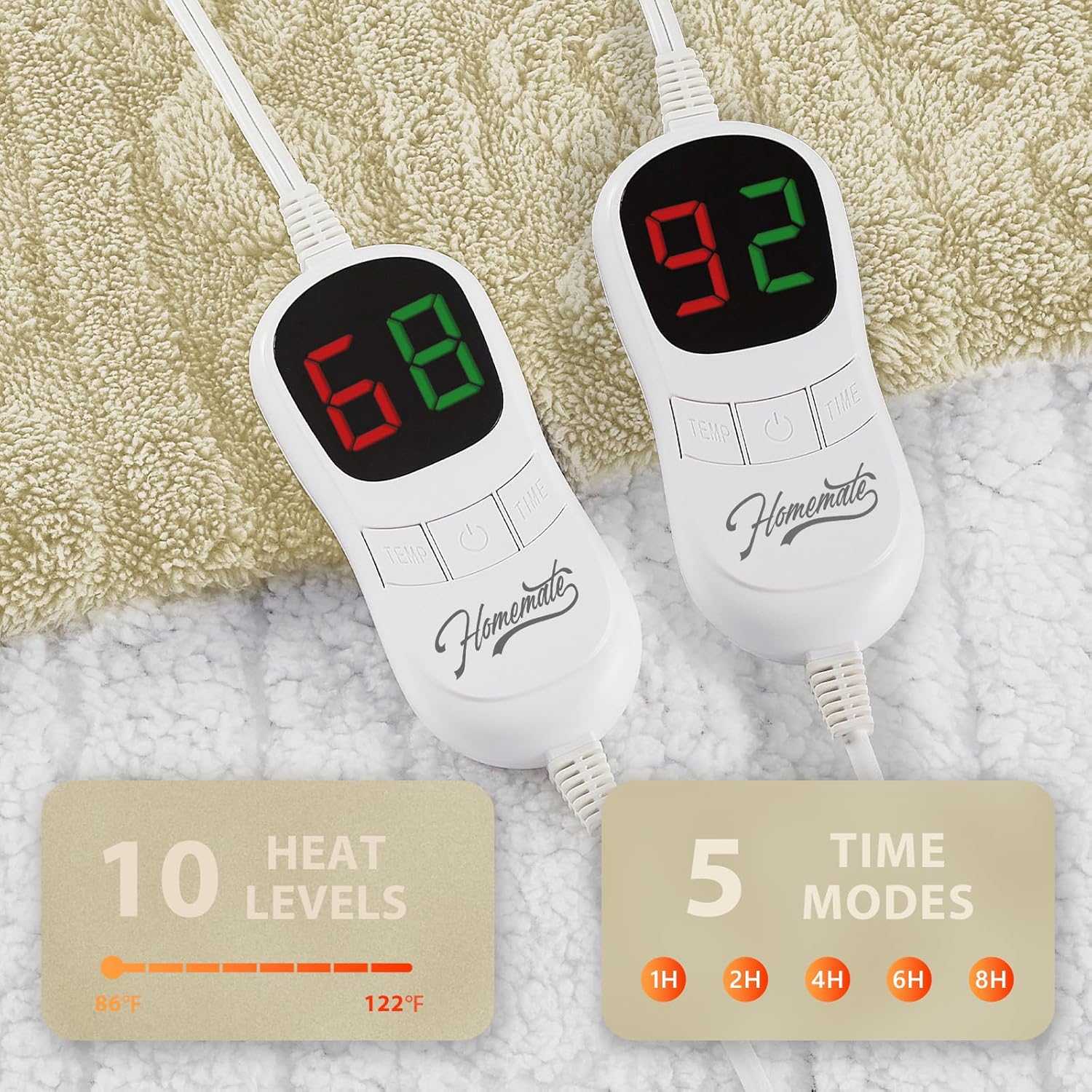 Homemate Electric Heated Blanket King - 100"x90" Heating Bed Blankets Throw with 10 Heating Levels 8 Hours Auto Off Fast Heating Over-Heated Protection Ultra Soft Warm Flannel ETL Certified