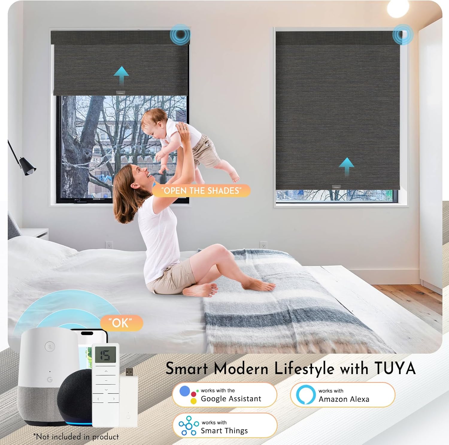 Persilux Smart Motorized Blinds with Remote, No Drill Automatic Roller Shades for Indoor Windows, Blackout Linen Fabric, Electric Blinds for Windows, Weave Blend Coal C162BO-8, Custom Size