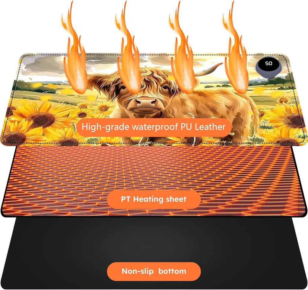 Heated Mouse Pad with 3 Levels Heated & 3 Hours Auto Shut-Off Mouse Pad for Warming Hands in Office Home, 23.6" x 14.2"Large Safe Desk Mat Hand Warmer，Sunflower Highland Cow