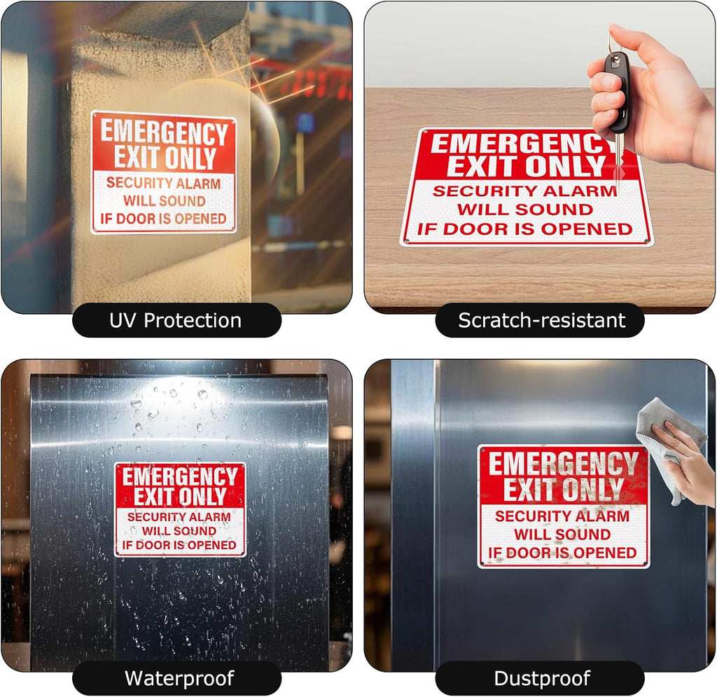2 Pack Emergency Exit Only - Security Alarm Will Sound If Door Is Opened Sign 10 × 7 Inches Reflective Waterproof Aluminum Safety Signage with Pre-Drilled Holes for Workplace Warehouse