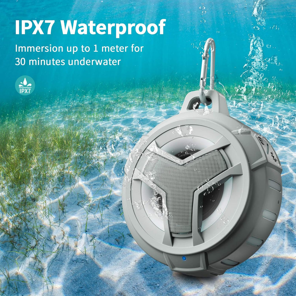 EBODA Shower Bluetooth Speaker, IPX7 Waterproof Portable Floating Speakers with Loud HD Sound, True Wireless Stereo Speaker with LED Light, 24H Play for Shower Pool Beach, Gifts for Men, Women - Gray