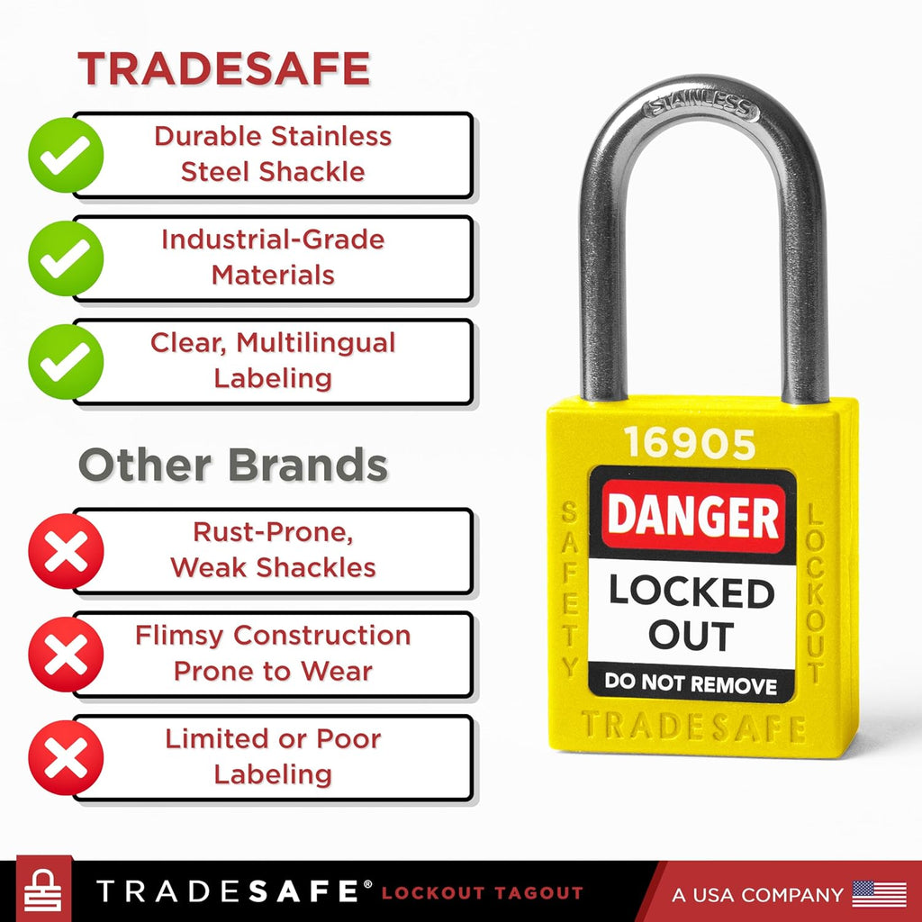 TRADESAFE Lockout Tagout Locks Set - 10 Yellow Loto Locks, Lockout Locks Keyed Different, 2 Keys Per Lock, OSHA Compliant Lock Out Tag Out Padlocks, Safety Padlocks for Electrical Lockout Tag Out Kits