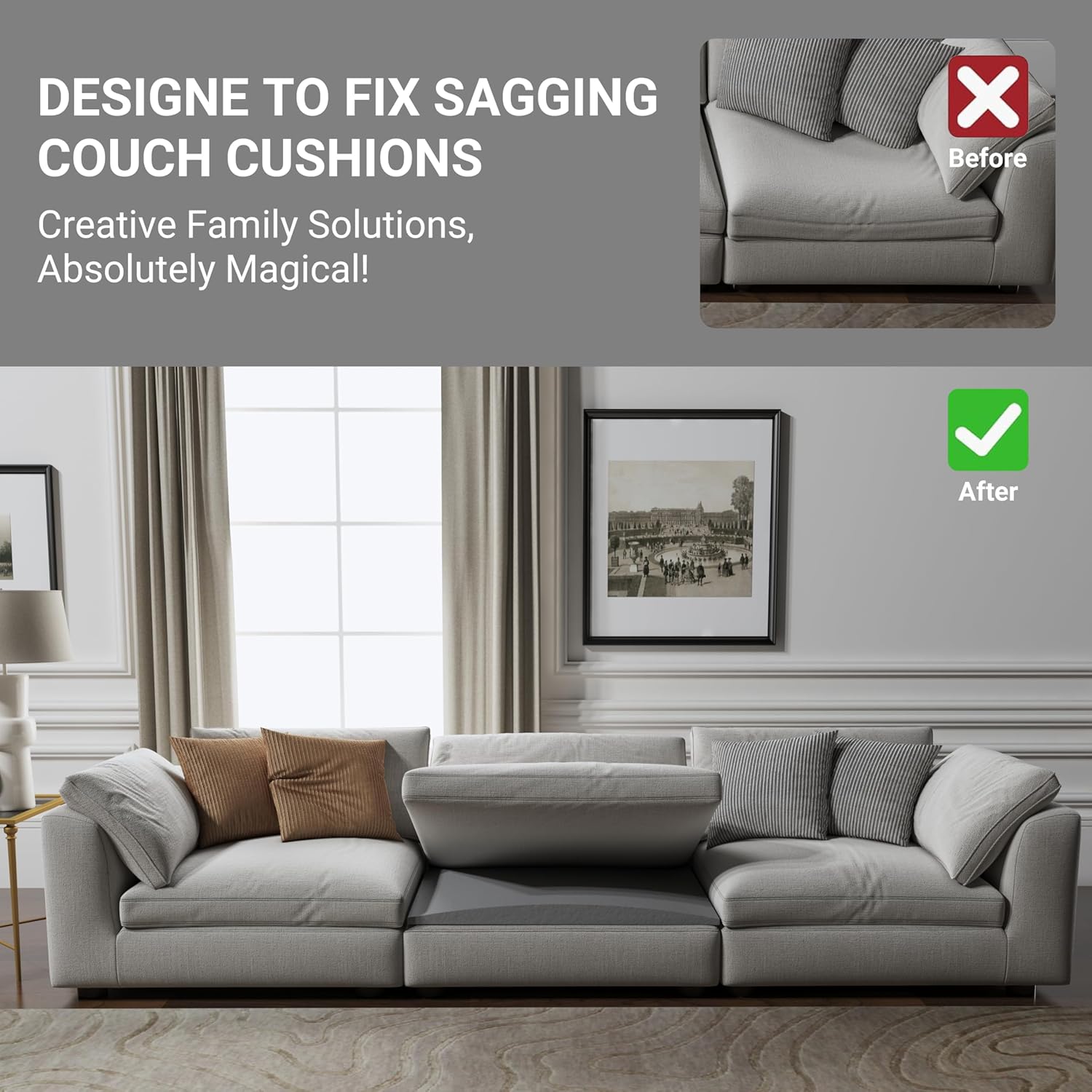 Couch Cushion Support for Sagging Seat, High Density Foam Sofa Support Replacement for Furniture, Curved Couch Supporter for Under The Cushions, Grey Set of 3