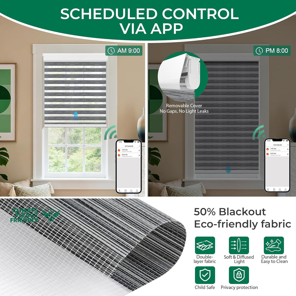 Allesin No Drill Motorized Zebra Blinds – Rechargeable Smart Dual Layer Shades with Cassette Cover, Ultra-Quiet Motor, Automatic Blind with Remote for Indoor Windows (Rock Gray 27" W x 72" H)