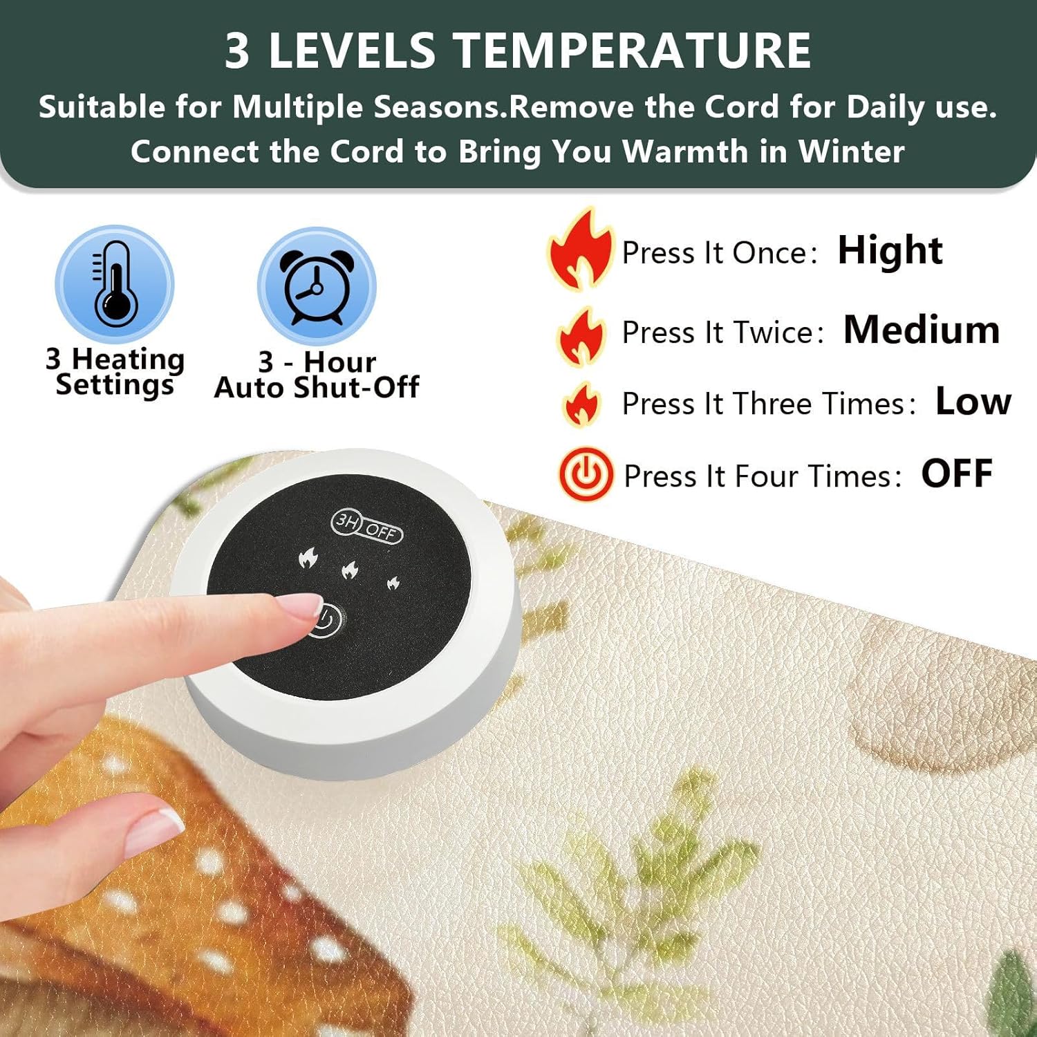 Heated Desk Pad Mouse Pad 31.5x13 Inch PU Leather Desk Mat with 3 Heat Levels Large Mouse Gaming Computer Laptop Mat Watercolor Mushrooms Beige