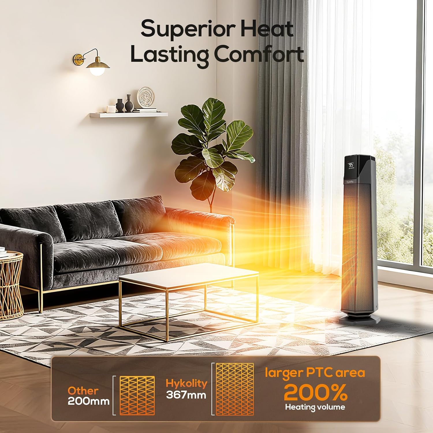 Hykolity Space Heater Large Room, 30" Electric Heaters for Indoor Use with Thermostat and Remote,70° Oscillation, 24H Timer, 1500W Fast Heating Portable Heaters for Office, Bedroom, Home - Black