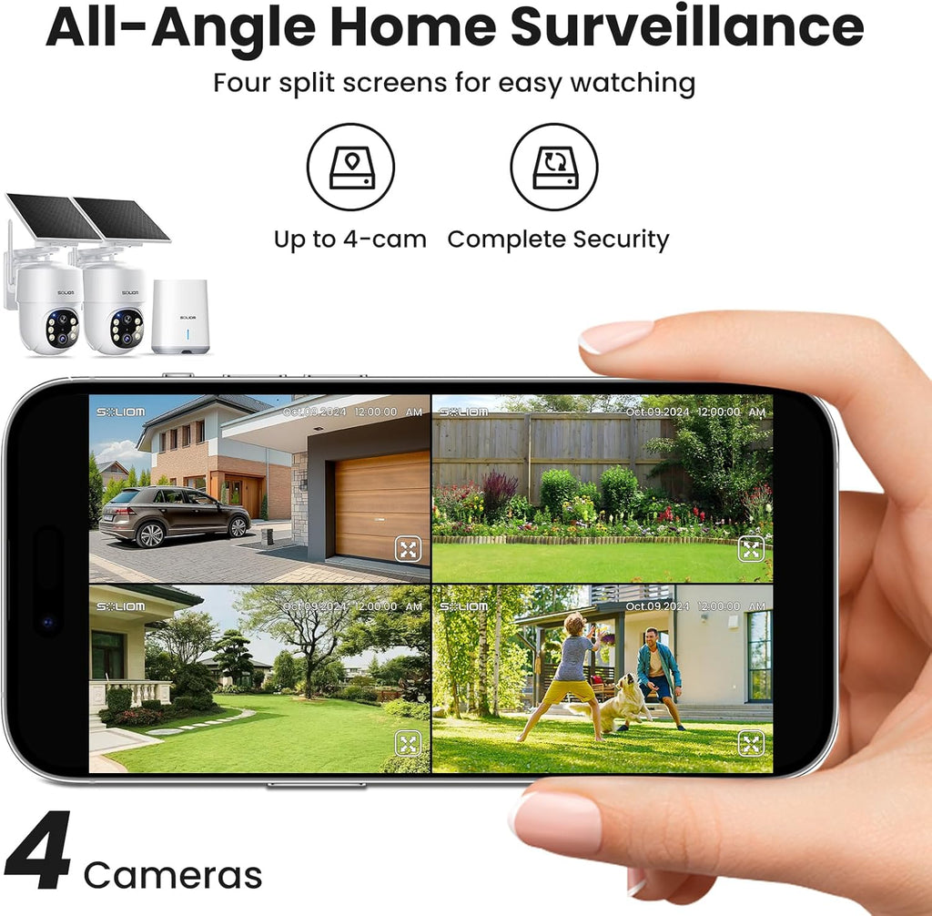 SOLIOM- 5MP Security Cameras Wireless Outdoor, No Subscription,2-Cam Pack, Solar Powered Home Security Camera with 360° Auto Tracking, Pan & Tilt, 3K Color Night Vision,5G & 2.4G Router Compatible