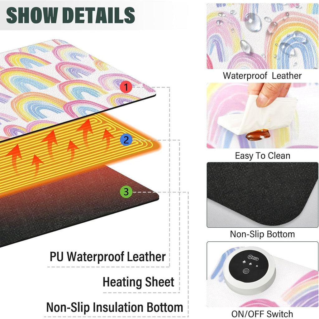 Heated Desk Pad Mouse Pad 31.5x13 Inch PU Leather Desk Mat with 3 Heat Levels Large Mouse Gaming Computer Laptop Mat Gradient Cute Rainbows