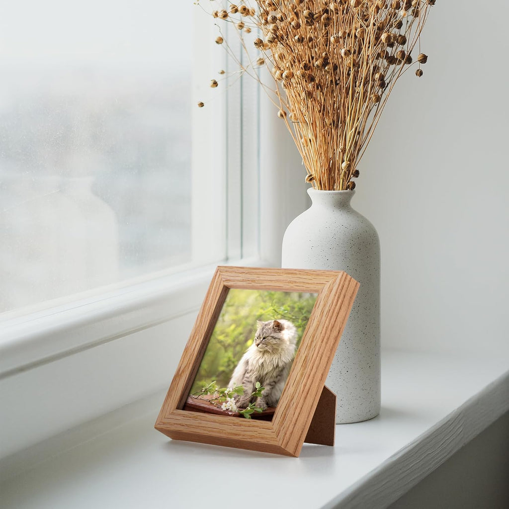 4x4 Picture Frames, 4 x 4 Photo Frames with Stand, Solid Oak Wood 4 by 4 Frame, 4x4 Picture Frame for Wall, Rustic Wood Frame 4"x4" with Real Glass, 4 by 4 Frames Set of 4, Natural Oak Color