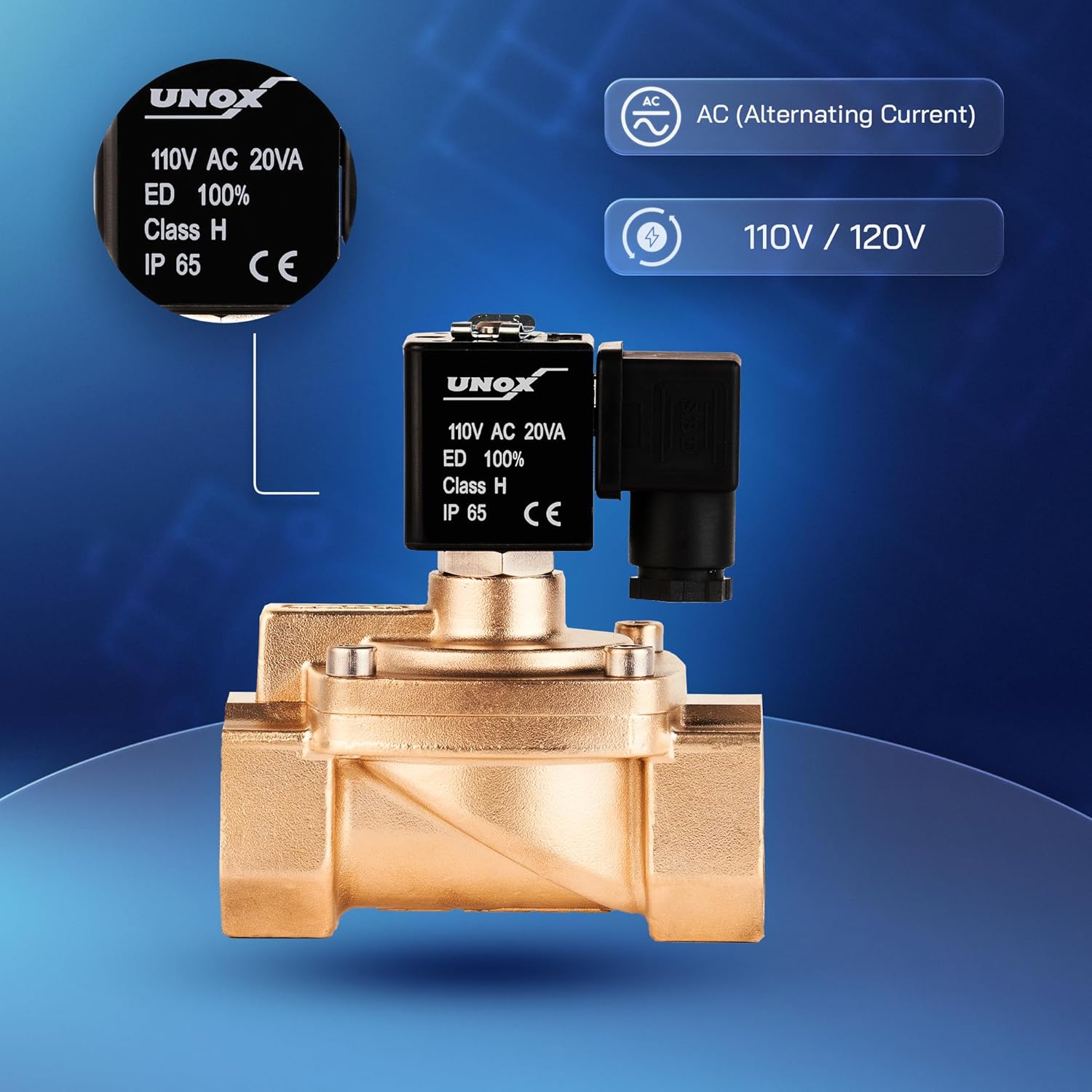 UNOX 1 1/4" NPT Solenoid Valve 110V AC, Brass Control Valve Normally Closed - 7-232 PSI Multi-Purpose Reliable Control Valve for Water, Air, and Gas - Solenoid Valves