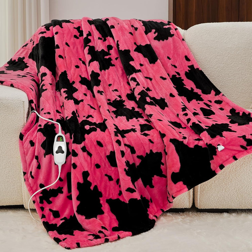 Cow Print Heated Electric Blanket Throw,50X60 Pink Heating Blanket with 10 Heats Levels & 8 Hours Auto Off,Highland Cow Decor Stuff Fleece Sherpa Blankets Warmer Gifts for Women Adults Washable