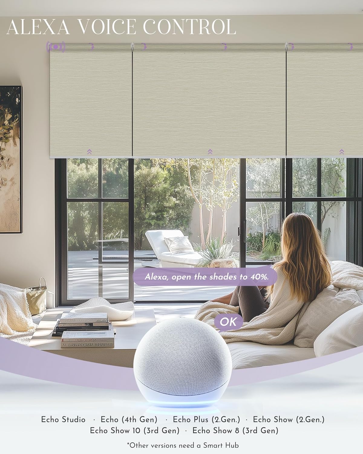 Graywind Smart Coupled Roller Shades Compatible with Alexa Google Custom Size Extra Large Motorized Blinds for Windows(Striped Beige)