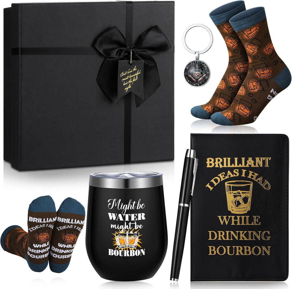 6 Pcs Novelty Bourbon Gift for Men Women Funny Whiskey Lovers Gifts 12 oz Stainless Steel Cup Socks Keychain Pen Notebook Box for Christmas Drink Party Bar Bourbon Whiskey Lovers Gift