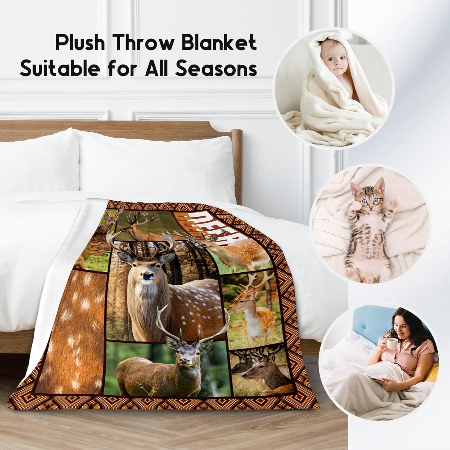Blankets for Adults, Deer Blanket Gifts for Men Boys, 60"x80" Forest Western Throw Gift for Hunters - Soft, Fuzzy & Cozy Deer Throws Farmhouse Decor