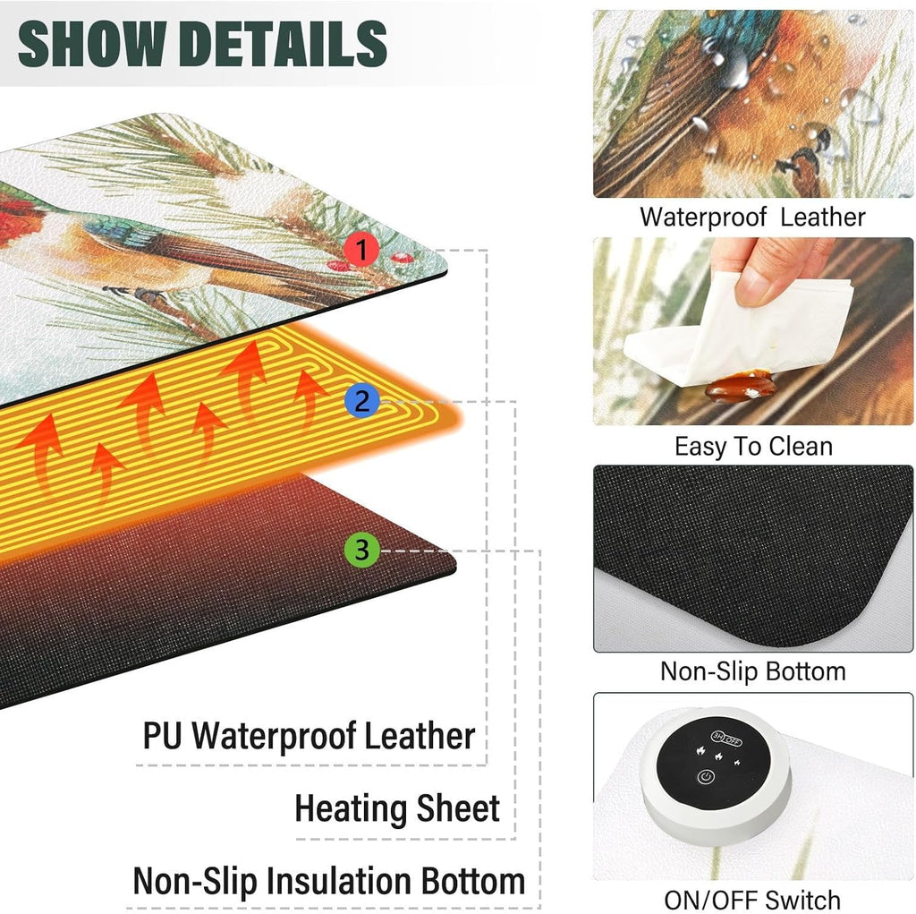 Heated Desk Pad Mouse Pad 31.5x13 Inch PU Leather Desk Mat with 3 Heat Levels Large Mouse Gaming Computer Laptop Mat Cartoon Hummingbirds and Pine Tree