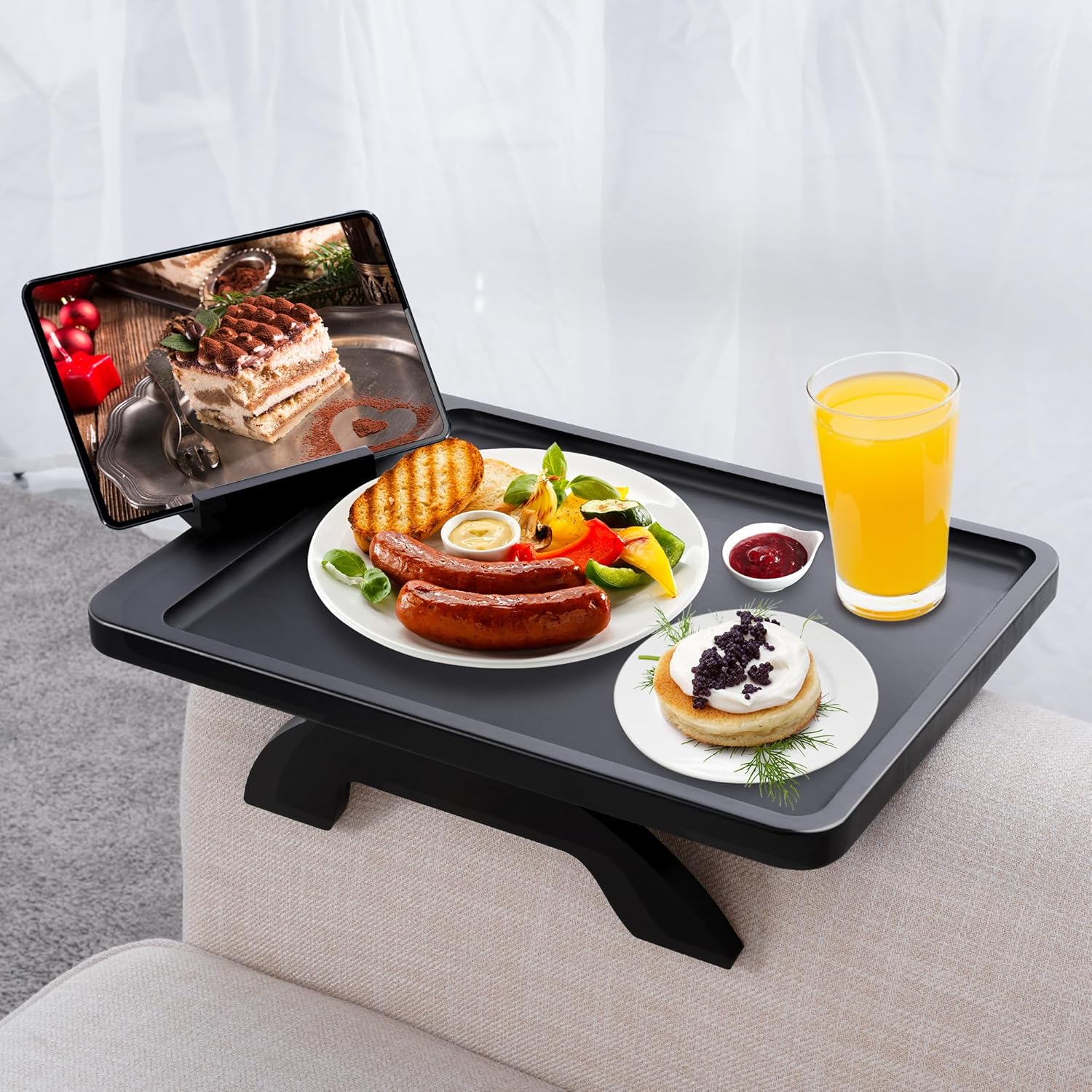 SINWANT Couch Armrest Table, Large Bamboo Couch Arm Table 360° Phone Holder,Foldable Sofa Arm Tray for Eating Drinking Snacks Remote on Chair Armrest