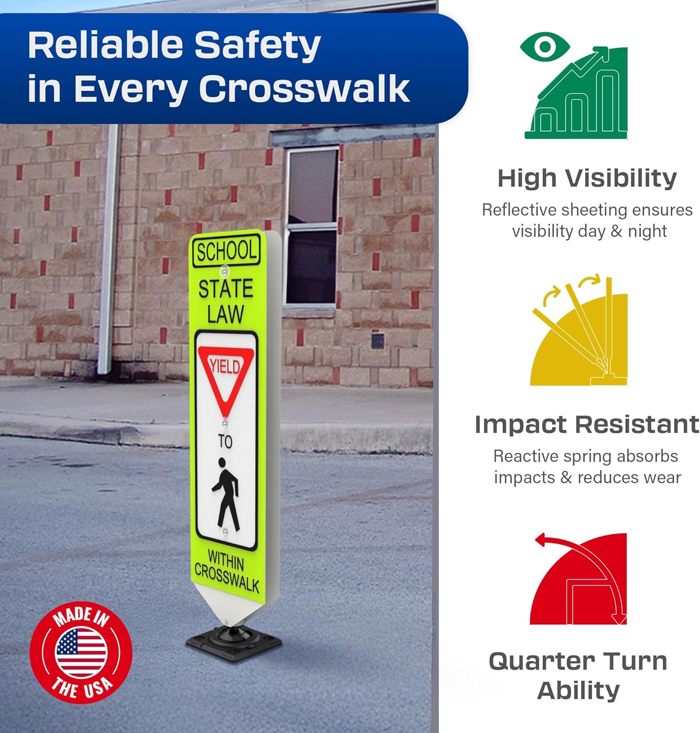 Impact Recovery - In-Street Pedestrian Crossing Signs - Street Sign - Road Sign - Pedestrian Safety Signs - School Yield with Surface Mount Base